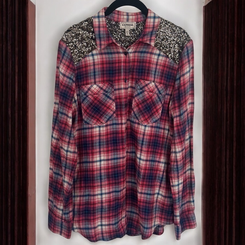 Express Boyfriend Red and Blue Sparkle Panel Plaid‎ Long Sleeve Button Up Size M